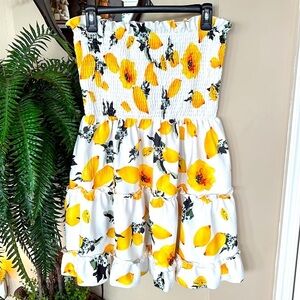 Angashion Tiered Strapless Dress Lemon Floral White & Yellow Ruffle Mini Smocked